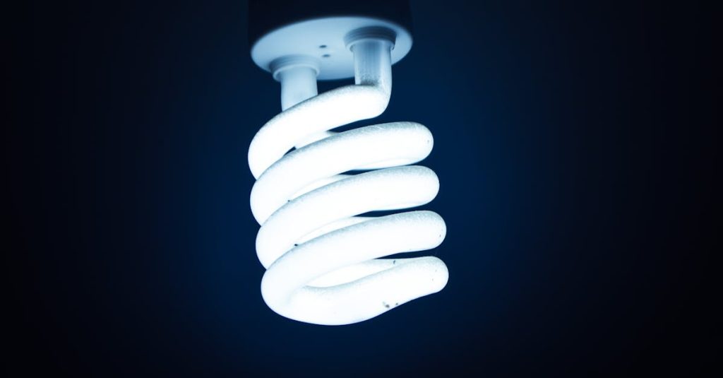 Close-up of a glowing spiral energy-saving bulb against a dark backdrop, emphasizing sustainable energy.